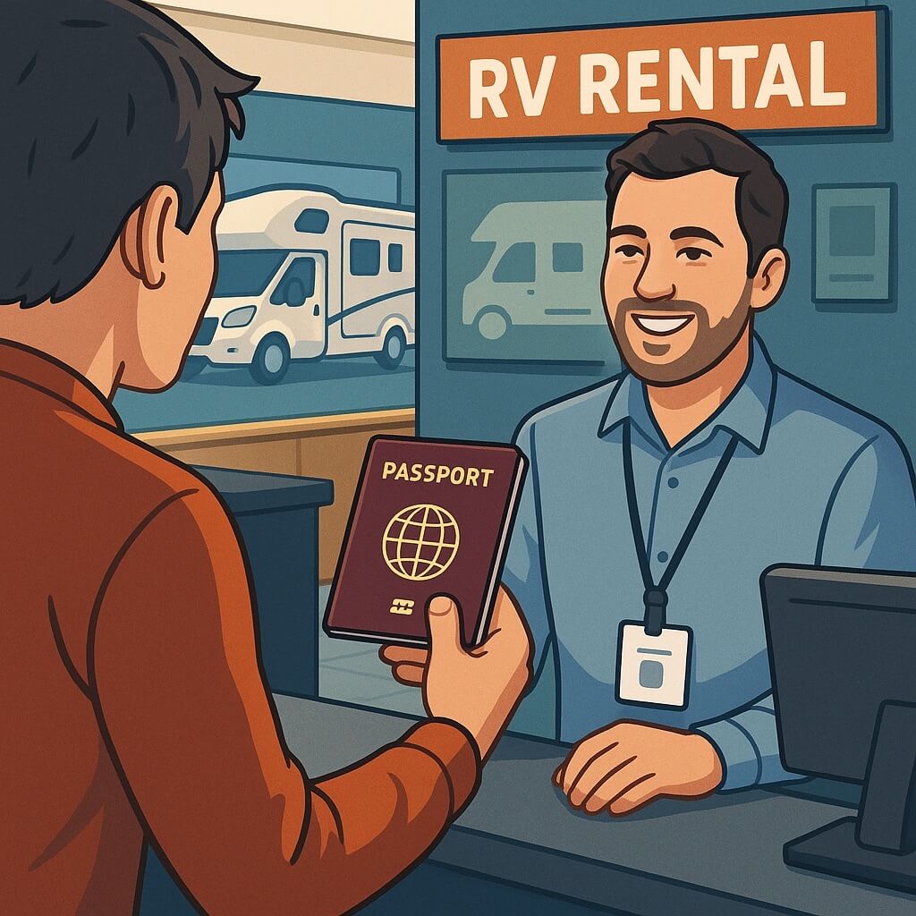 Cliente con pasaporte en una oficina de alquiler, con autocaravana al fondo.